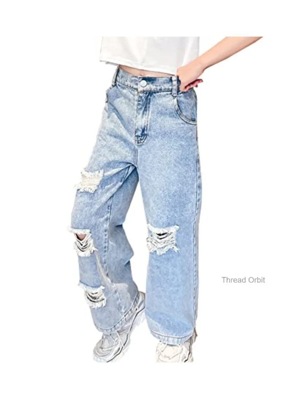 Kids Girls Casual Wide Leg Baggy Ripped Jeans Cool Loose Fit Distressed Denim
